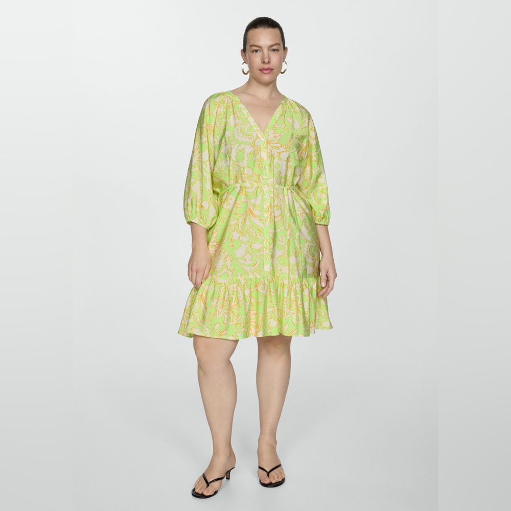 Mango Lime Green Printed Bow Three Quarter Sleeve Dress